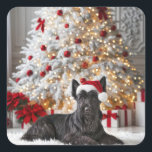 Adesivo Quadrado Scottish Terrier By Christmas Tree<br><div class="desc">Um cão escocês aterrorizado vestindo um chapéu de Papai Noel repousa sobre um tapete branco liso em frente a uma bela árvore de Natal decorada com luzes e ornamentos vermelhos</div>