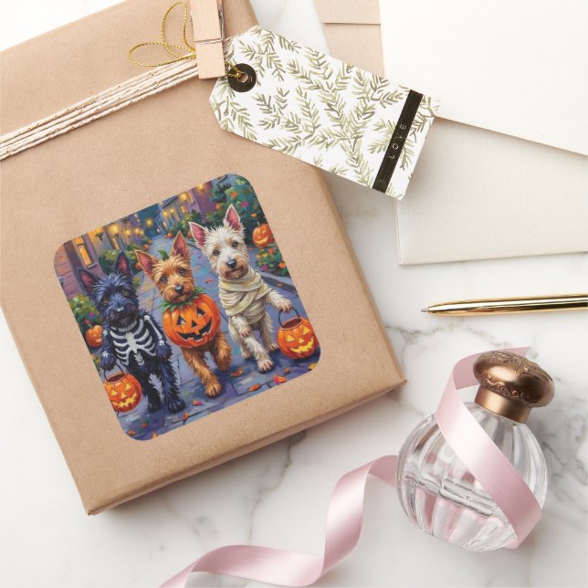 Adesivo Quadrado Scottish Terrier Dogs in Halloween Costumes (Presentear)