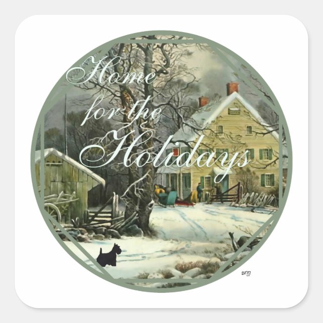 Adesivo Quadrado Scottish Terrier Old Fashiated Winter (Frente)