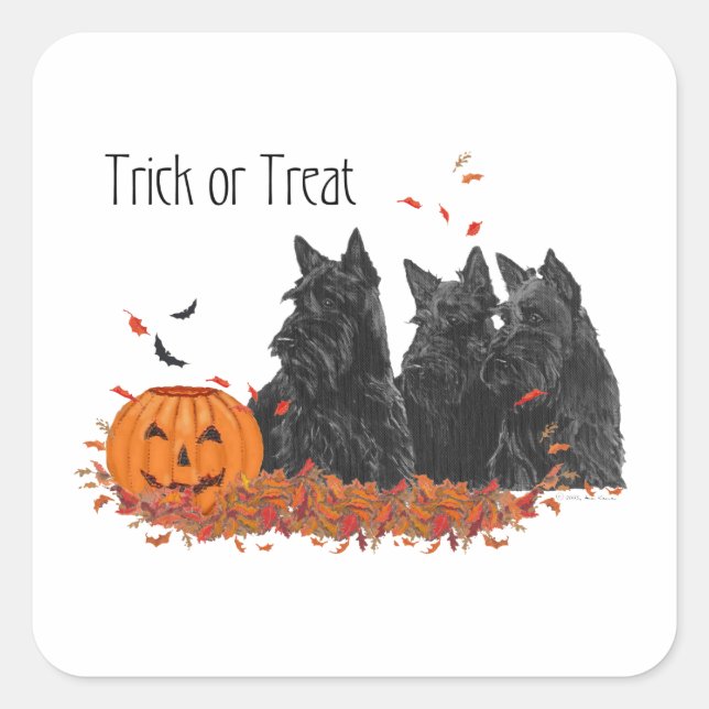 Adesivo Quadrado Scottish Terriers Halloween (Frente)