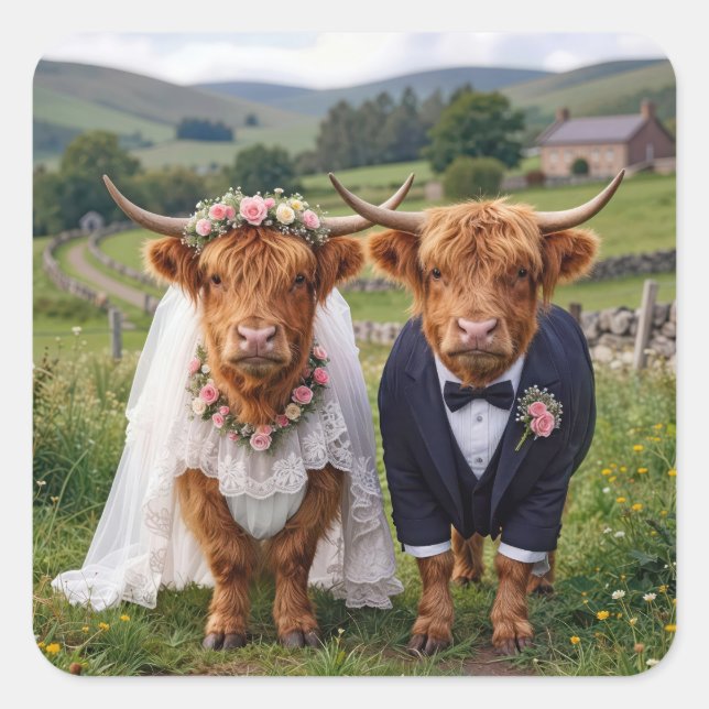 Adesivo Quadrado Scottish Wedding Highland Cows (Frente)