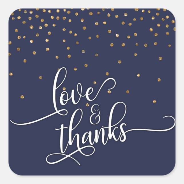 Adesivo Quadrado Script de Amor e Obrigados, Confetti Dourado e Azu (Frente)
