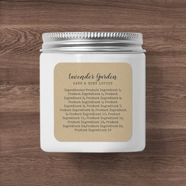 Adesivo Quadrado Script de Ingredientes de Máquina de Escrita Lista (Criador carregado)