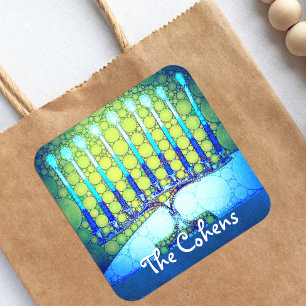 Adesivo Quadrado Script do Nome do Monograma do Hanukkah Verde Azul