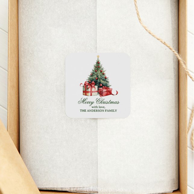Adesivo Quadrado Script Elegante de Árvore de Natal de Aquarela (Criador carregado)