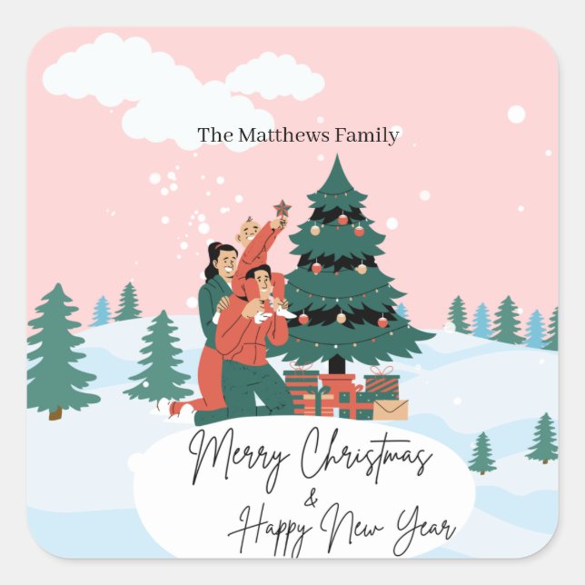 Adesivo Quadrado Script Feliz Árvore de Natal e Feliz ano novo (Frente)