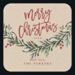 Adesivo Quadrado Script Merry Christmas Greenery Branch<br><div class="desc">Um adesivo festivo, vermelho, verde e branco de presente de Natal, adesivo de favor ou invólucro de envelopes com guião em negrito e verde-aquarela com folhas e bagas.</div>