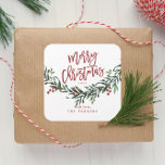 Adesivo Quadrado Script Merry Christmas Watercolor<br><div class="desc">Um adesivo festivo,  vermelho,  verde e branco de presente de Natal,  adesivo de favor ou invólucro de envelopes com guião em negrito e verde-aquarela com folhas e bagas.</div>