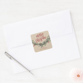 Adesivo Quadrado Script Merry Christmas Watercolor Branch
