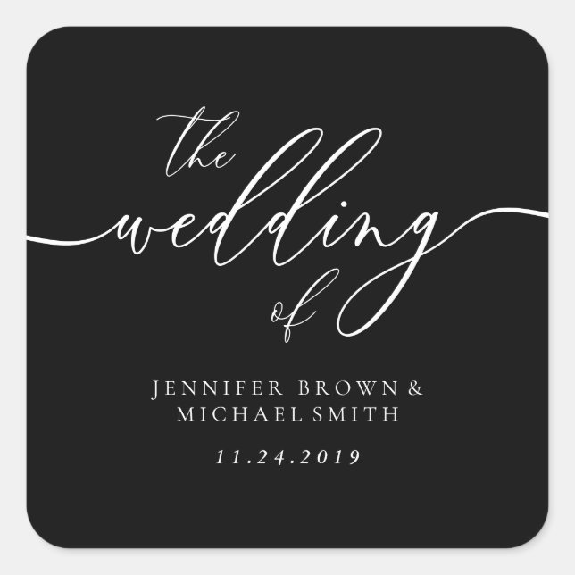 Adesivo Quadrado Script Personalizado de Casamento Mínimo Preto (Frente)