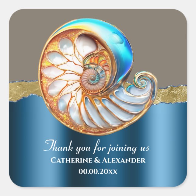 Adesivo Quadrado Sea Blue Gold Conch Shell Thank You (Frente)