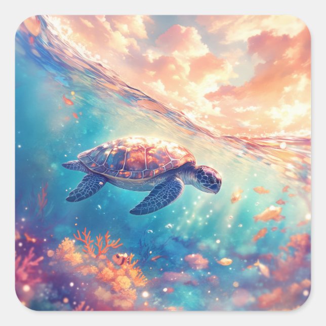Adesivo Quadrado Sea Turtle Swimming in Tropical Ocean (Frente)