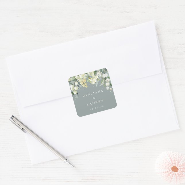 Adesivo Quadrado Seafoam Green Snowberry+Eucalyptus Weding (Envelope)