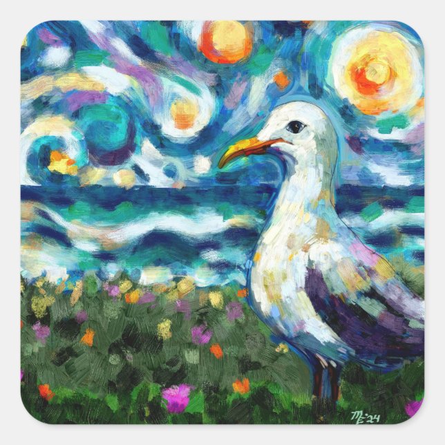 Adesivo Quadrado Seagull Van Gogh Style Beach Sky Blue Teal (Frente)