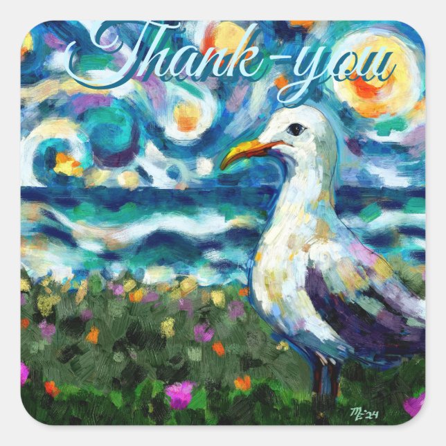 Adesivo Quadrado Seagull Van Gogh Style Beach Sky Obrigado-you (Frente)