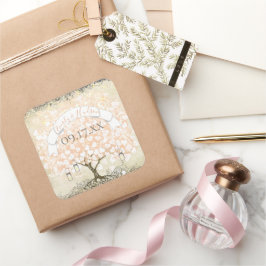 Adesivo Quadrado Seal de Casamento de Árvores de Coral Pinkish Cora