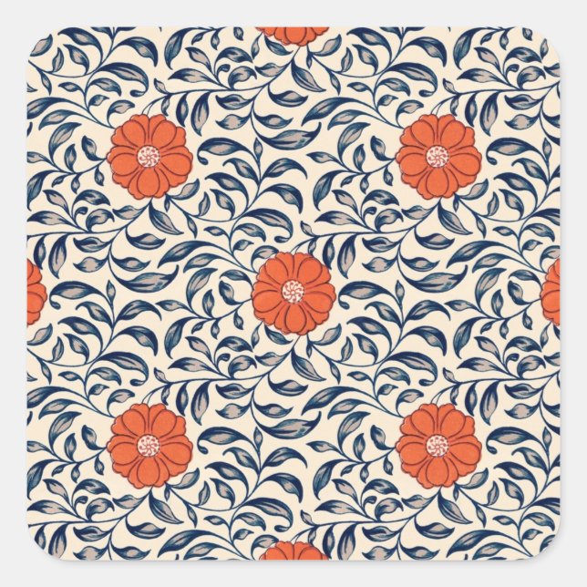 Adesivo Quadrado Seamless floral pattern with vibrant orange flower (Frente)