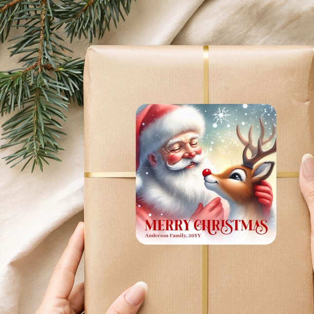 Adesivo Quadrado Seasonal Personalized Santa Rudolph Christmas Kids (Seasonal Personalized Santa Rudolph Christmas Sticker)