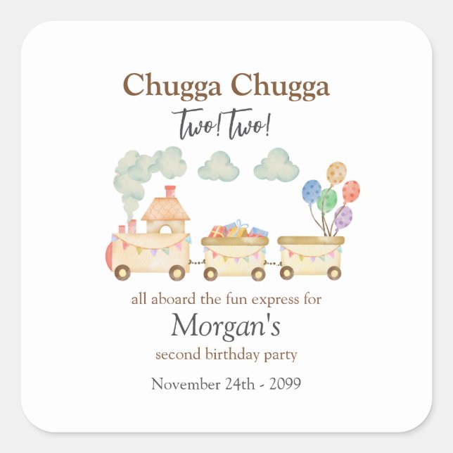 Adesivo Quadrado segundo aniversário Watercolor Brown Train Fund Ex (Frente)
