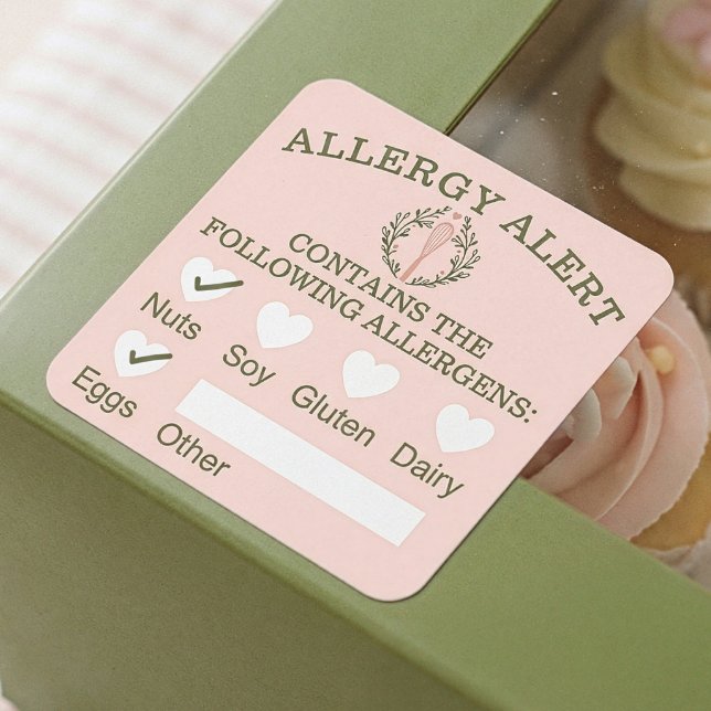 Adesivo Quadrado Segurança comida Alergia Alerta Cor-de-rosa Panifi (Food Safety Allergy Alert Pink Bakery Whisk Square Sticker)
