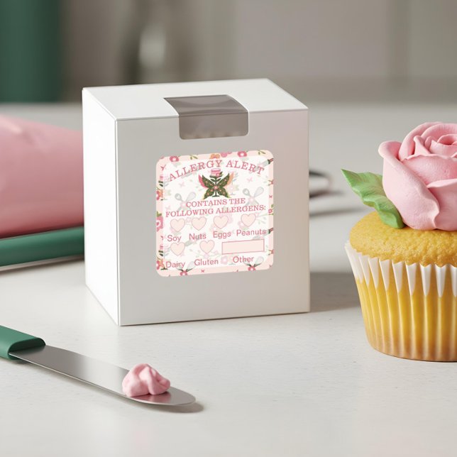 Adesivo Quadrado Segurança comida Alerta de Alergia Bolsa Bolo de B (Food Safety Allergy Alert Bakery Butterfly Cake Square Sticker)