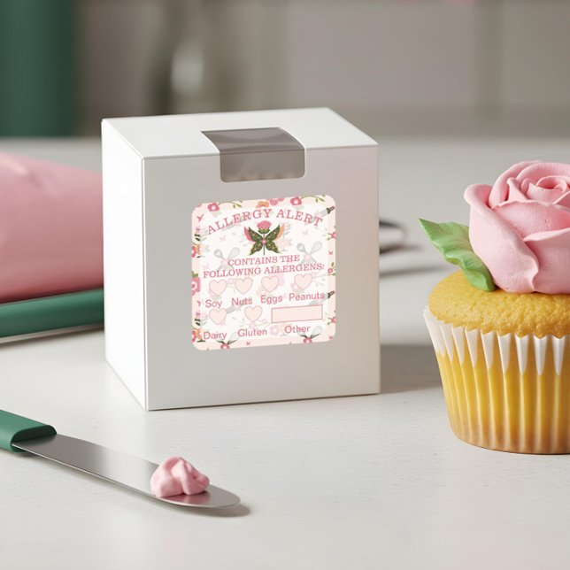 Adesivo Quadrado Segurança comida Alerta de Alergia Cupcake de Borb (Food Safety Allergy Alert Bakery Butterfly Cupcake Square Sticker)