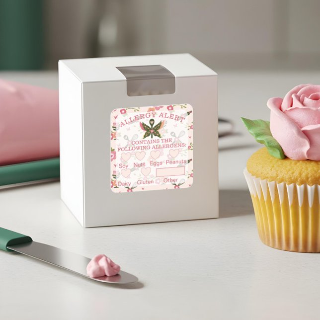 Adesivo Quadrado Segurança comida Alerta de Alergia Folha de Borbol (Food Safety Allergy Alert Bakery Butterfly Spoon Square Sticker)