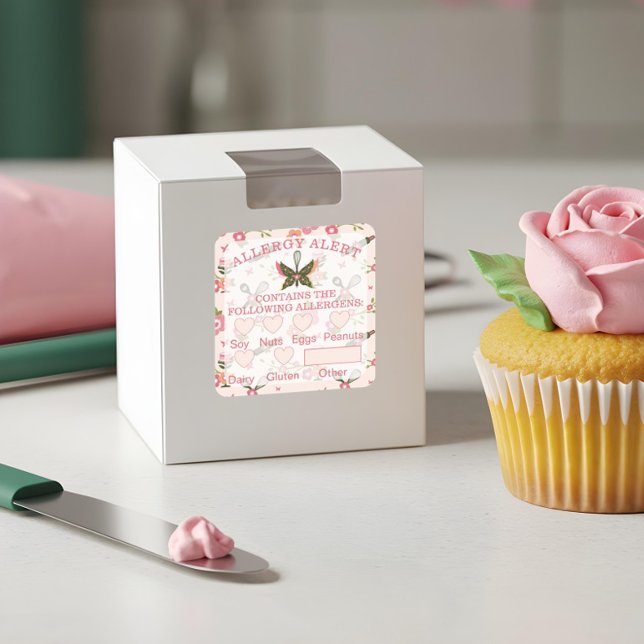 Adesivo Quadrado Segurança comida Alerta de Alergia Panificação Bor (Food Safety Allergy Alert Bakery Butterfly Whisk Square Sticker)
