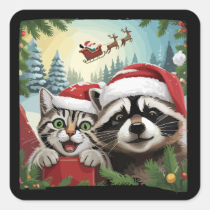 Adesivo Quadrado Selfie de Gato Com Trenó do Papai Noel Mapache Est