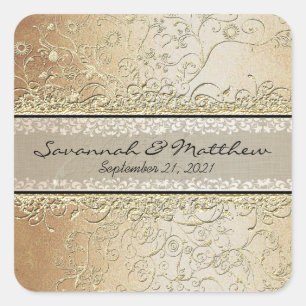 Adesivo Quadrado Selo de Casamento Púrpura Dourada e Negra