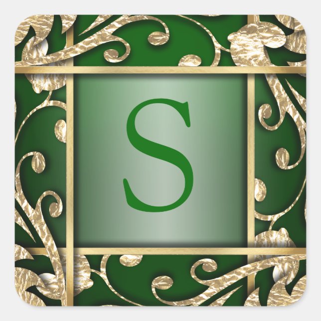 Adesivo Quadrado Selo de Envelope do Monograma Dourado Verde (Frente)