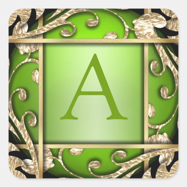 Adesivo Quadrado Selo de Envelope do Monograma Verde Dourado Brilha (Frente)