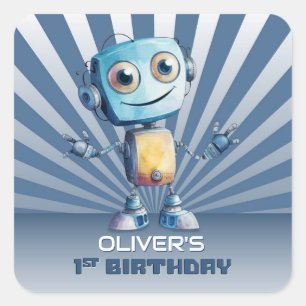 Adesivo Quadrado Selo de Envelope do primeiro aniversario Tema Robô