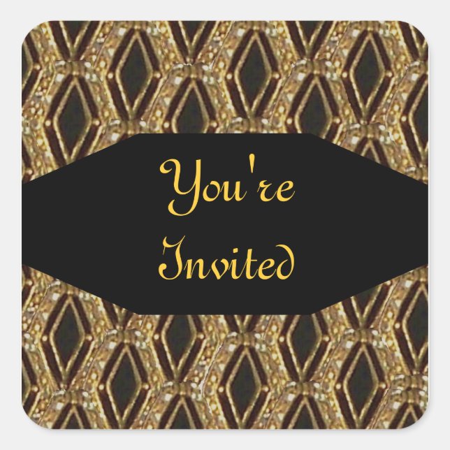 Adesivo Quadrado Selo de Envelope Elegante Preto e Dourado (Frente)