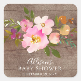 Adesivo Quadrado Selo de Envelope Floral de Chá de fraldas Rosa-Ros