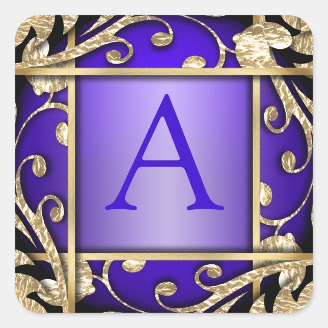 Adesivo Quadrado Selo do Envelope do Monograma Dourado Roxo (Frente)