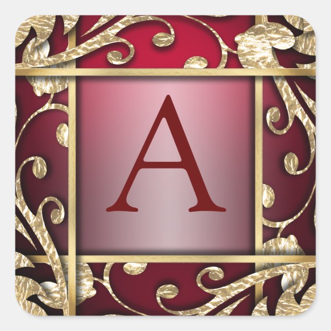 Adesivo Quadrado Selo do Envelope do Monograma Dourado Vermelho (Frente)