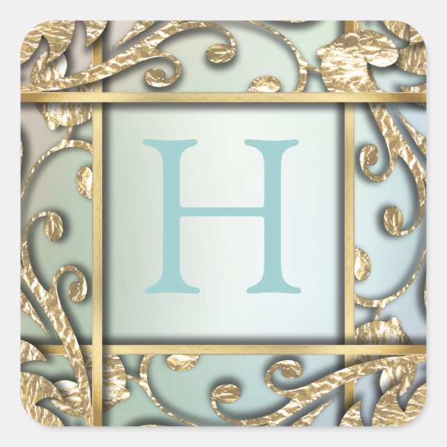 Adesivo Quadrado Selo do Envelope Monograma de Latice Dourada Pérol (Frente)