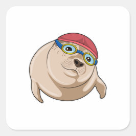 Adesivo Quadrado Selo em Natação com Óculos de Nadação