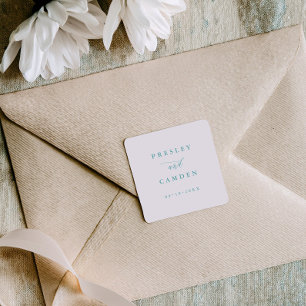 Adesivo Quadrado Selos de Casamento Minimalista Aqua Caligrafia Mod