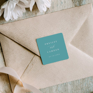 Adesivo Quadrado Selos de Casamento Minimalistas Aqua com Caligrafi