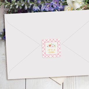 Adesivo Quadrado Selos de Envelope de Bebê Menina Floral Doce Rosa