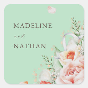 Adesivo Quadrado Selos De Envelope De Buquê Floral Mint Green & Pe