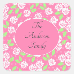 Adesivo Quadrado Selos de Envelope Florais Rosa Personalizados