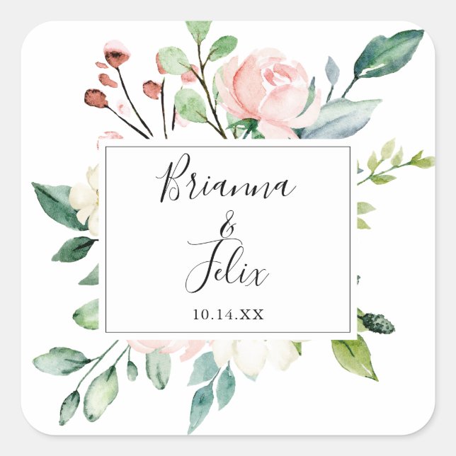 Adesivo Quadrado Selos De Envelope Floral De Casamento Elegante (Frente)