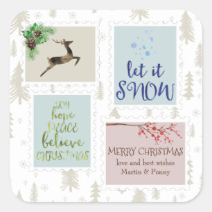 Adesivo Quadrado Selos Postais Vintage de Natal Personalizados