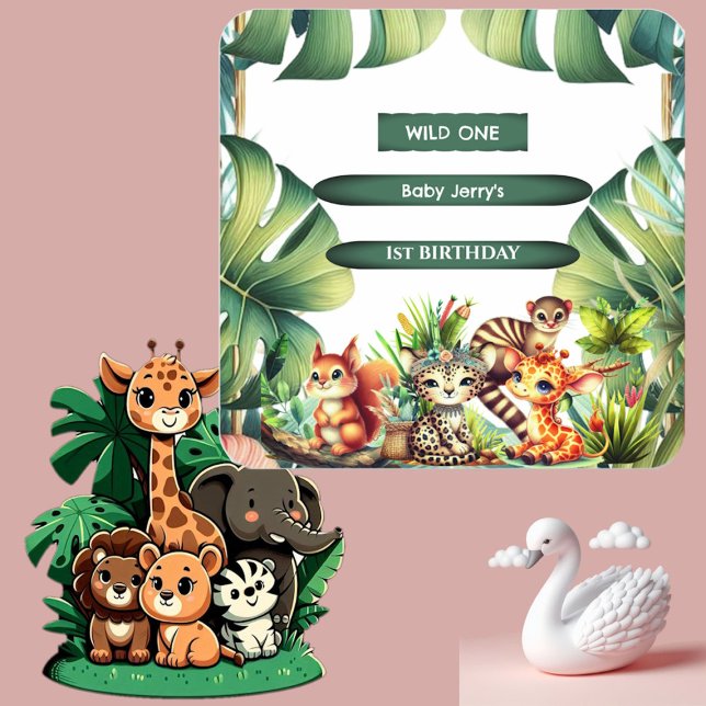 Adesivo Quadrado Selvagem Selvagem Safari Verde Tropical (Wild One Birthday Jungle Safari Tropical Greenery Square Sticker)