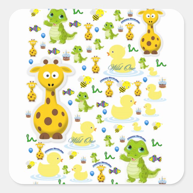 Adesivo Quadrado Selvagem Um Primeiro Vinhetas de Aniversário (Frente)