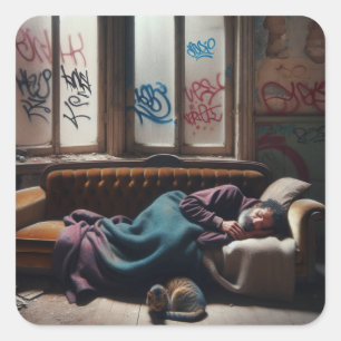 Adesivo Quadrado Sem-teto dormindo no prédio abandonado