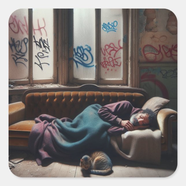 Adesivo Quadrado Sem-teto dormindo no prédio abandonado (Frente)